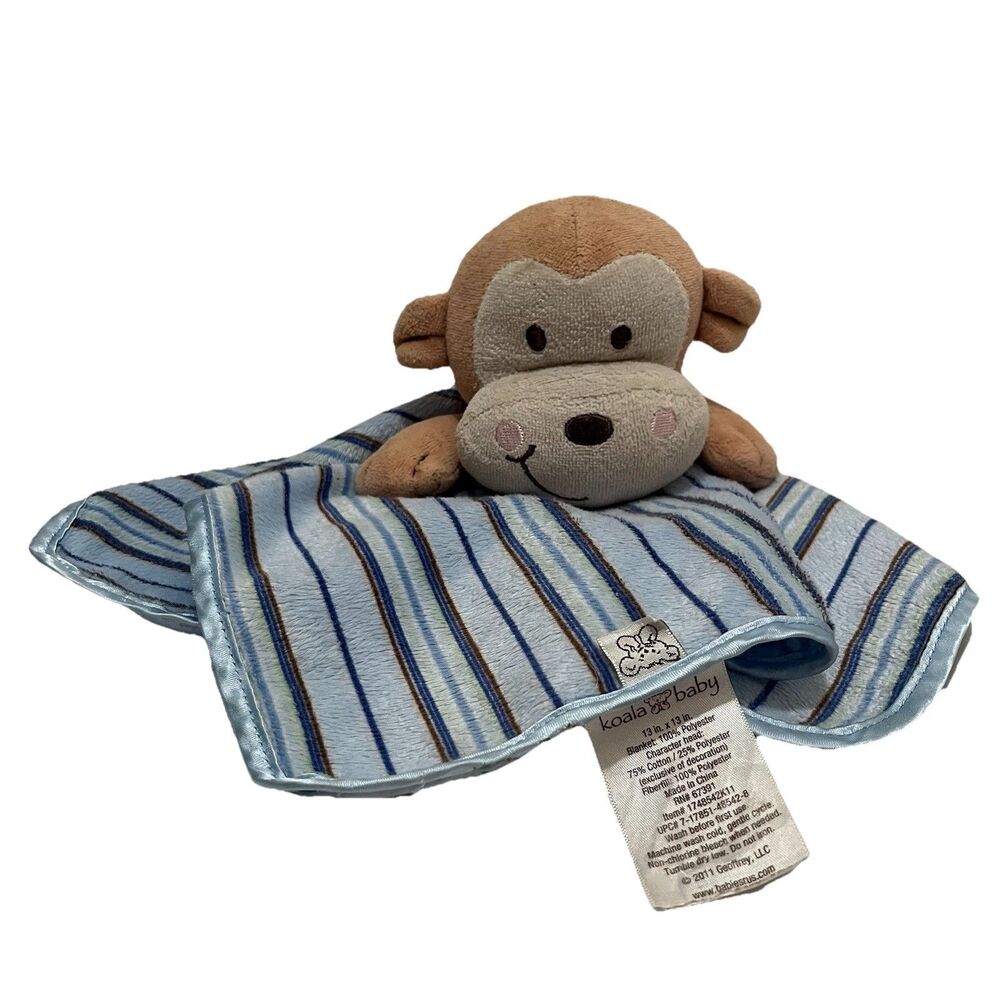 Koala Baby  Monkey Lovey Security Blanket Blue Striped Satin 12X12" Plush Toy